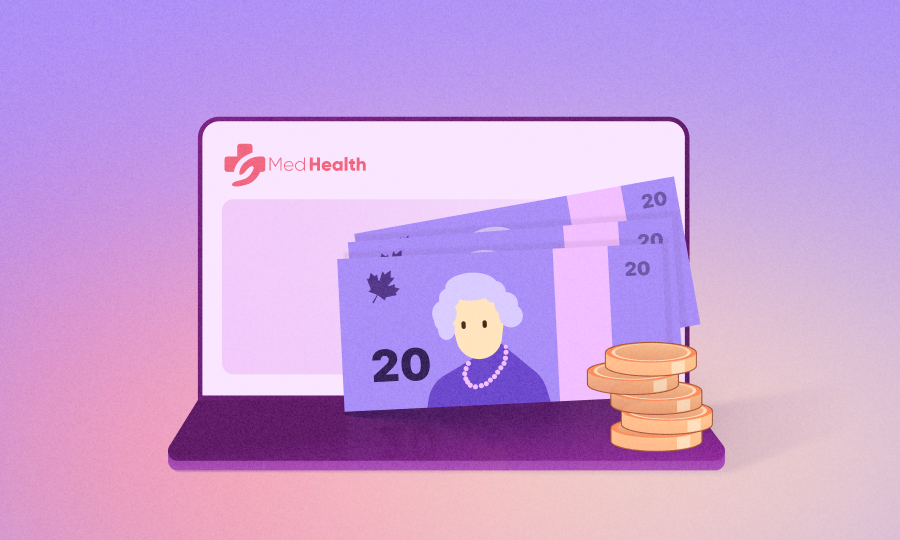 An illustration of an EHR on a computer screen with cash and coins